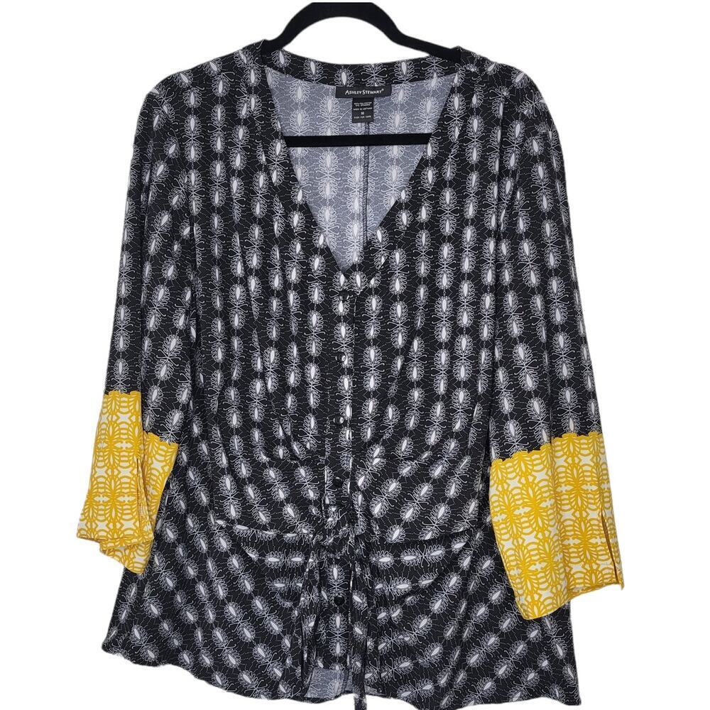 Ashley Stewart Abstract Black Yellow Front Tie Button Front Top Blouse Sz 18 - Picture 3 of 8